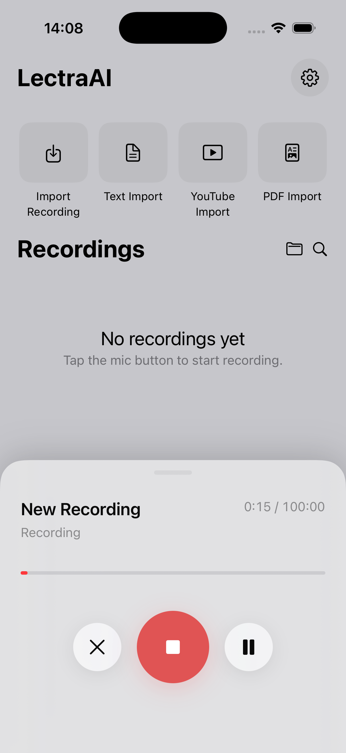 Recording a lecture from the Lectra home screen