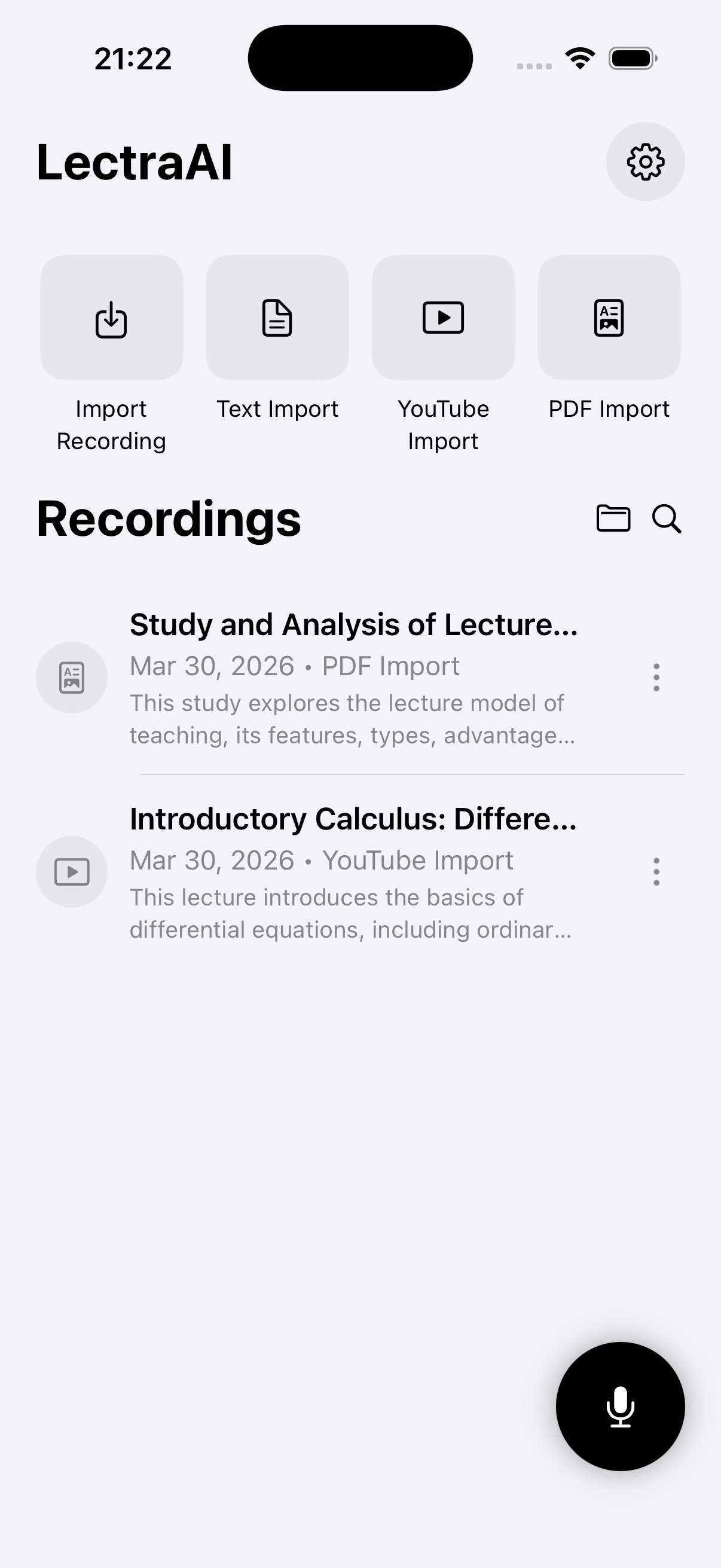 Recordings list with PDF and YouTube imports